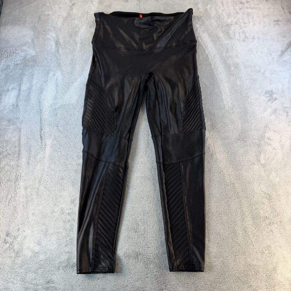 Spanx Faux Leather Moto Leggings Womens 2X Black High Rise Shaping Ponte Stretch